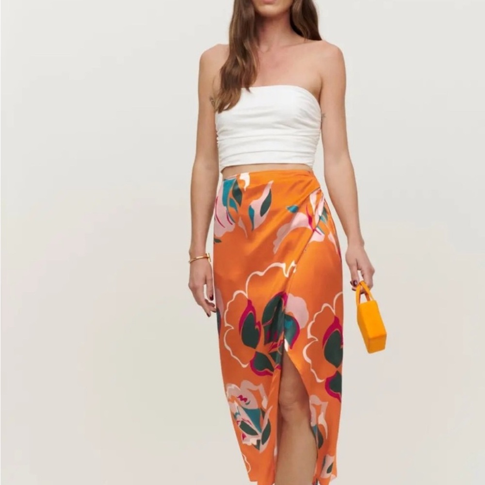 Reformation Orange Floral Asymmetrical Skirt